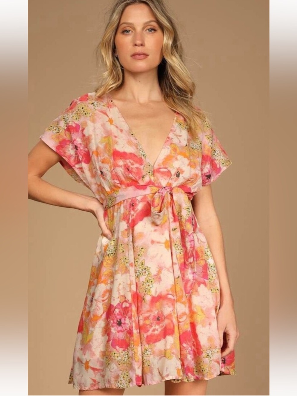 Free People Freddy tie mini dress small Fruit Punch Combo pink print NWT